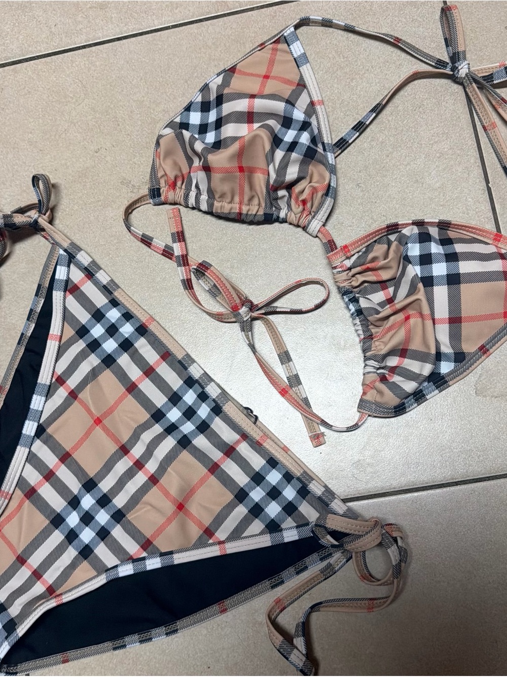 Burberry Beige Plaid String Triangle Bikini Set